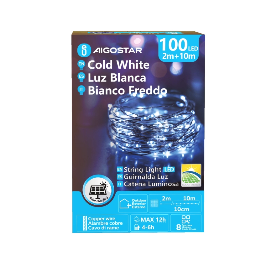 Aigostar - Ghirlandă LED solară, 100 LED, 8 funcții, 12 m, IP65, 800 mAh, alb rece