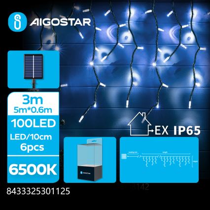 Aigostar - Ghirlandă solară LED, 100 LED, 8 funcții, 8 x 0,6 m, 500 mAh, IP65, alb rece