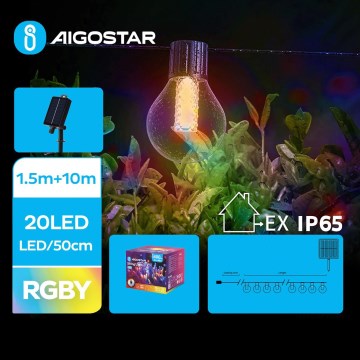 Aigostar - Ghirlandă solară LED, 20 LED, 8 moduri, 11,5 m, IP65, multicolor