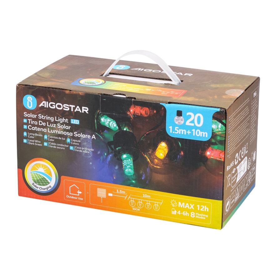 Aigostar - Ghirlandă solară LED, 20 LED, 8 moduri, 11,5 m, IP65, multicolor