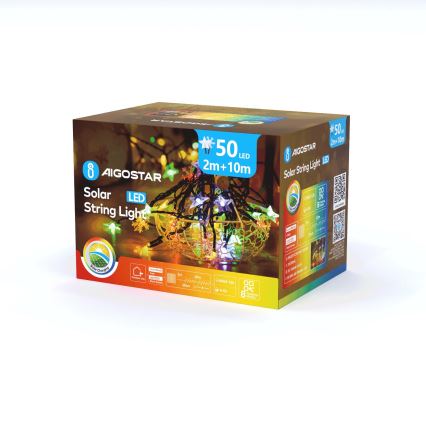 Aigostar - Ghirlandă solară cu LED, 50 LED / 8 moduri, 800 mAh, 12 m, IP65, multicolor