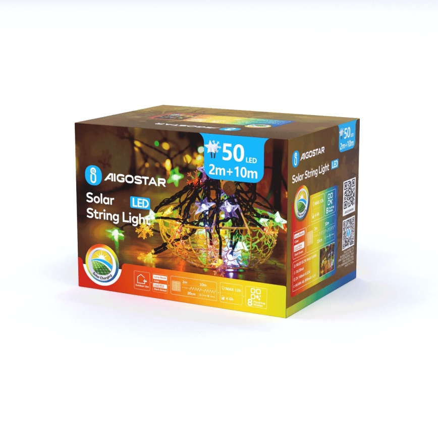 Aigostar - Ghirlandă solară cu LED, 50 LED / 8 moduri, 800 mAh, 12 m, IP65, multicolor