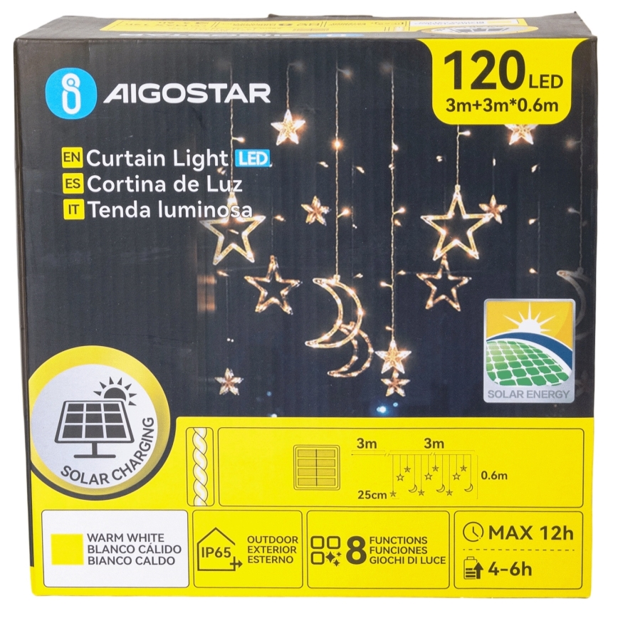 Aigostar - Guirlandă solară cu LED, 120 LED-uri / 8 funcții, 3 x 0,6 m, 500 mAh, IP65, alb cald