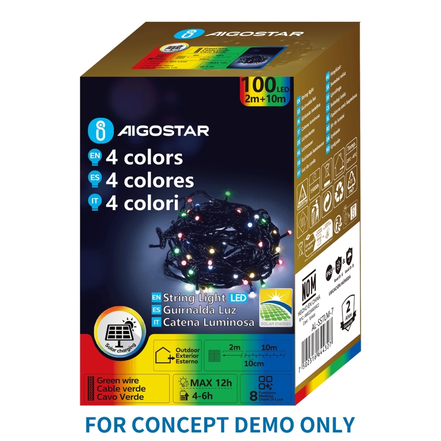 Aigostar - Ghirlandă solară de Crăciun cu 200 LED, 8 funcții, 22 m, IP65, multicoloră, 800 mAh
