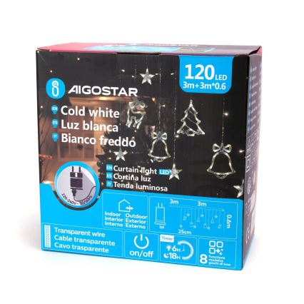 Aigostar - Ghirlandă LED de exterior pentru Crăciun, 120 LED, 8 funcții, 3x0,6 m, IP44, lumină albă rece + telecomandă