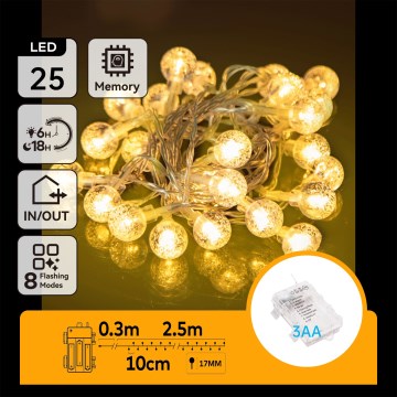 Aigostar - Instalație de Crăciun LED pentru exterior 25xLED/3xAA/8 funcții 2,8 m IP44 alb cald