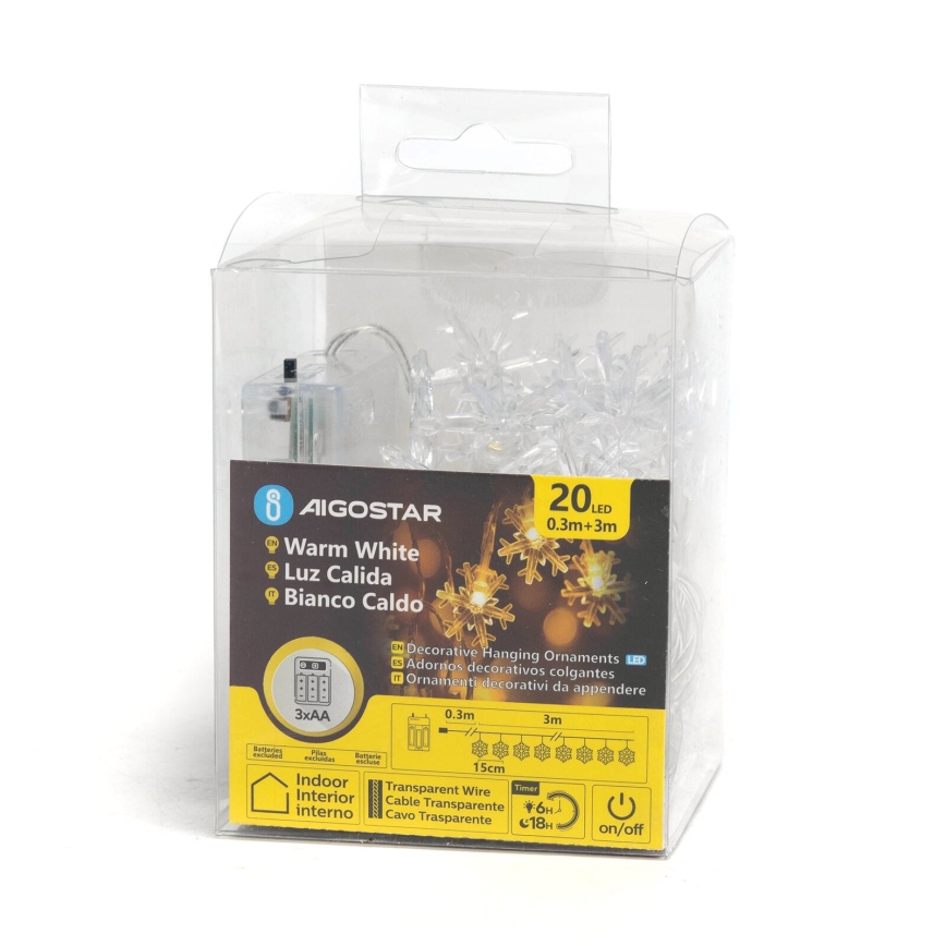 Aigostar - Instalație LED de Crăciun 20xLED/3xAA 3,3m fulgi de zăpadă