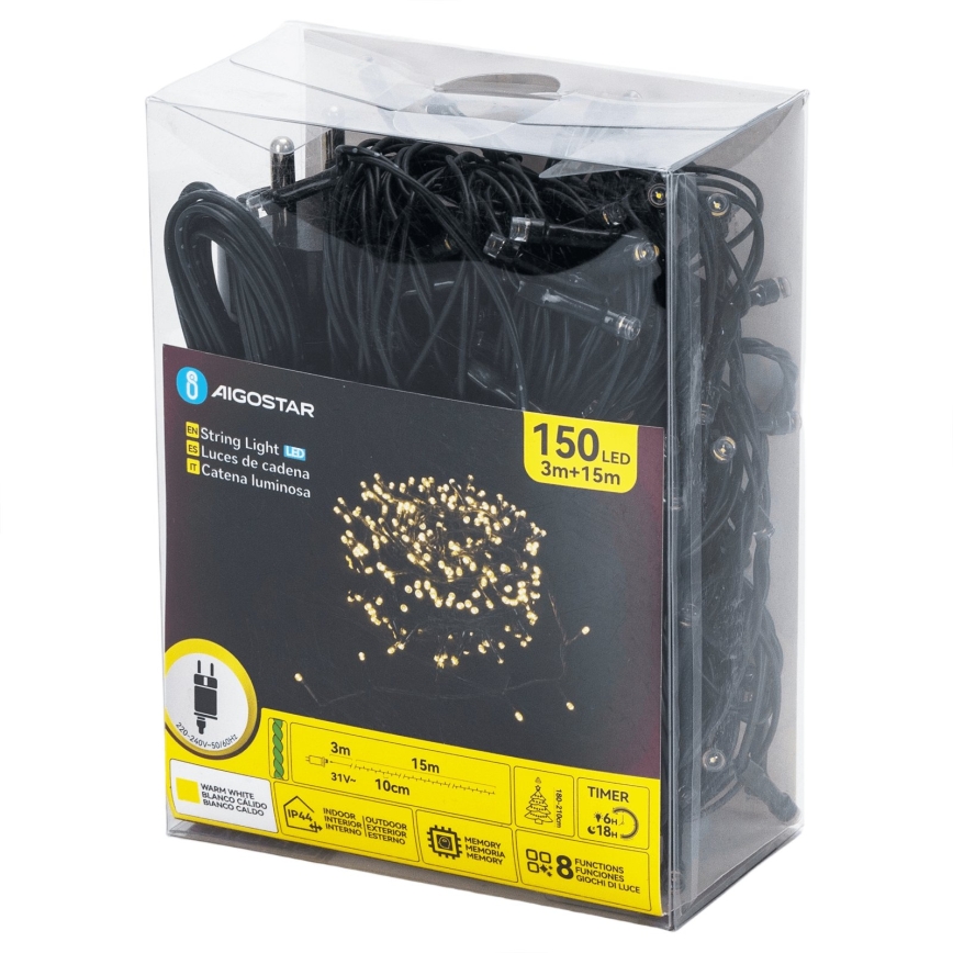 Aigostar - Instalație LED de Crăciun pentru exterior 150xLED/8 funcții 18m IP44 alb cald