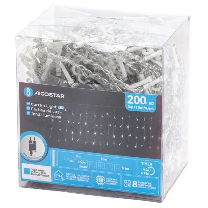 Aigostar - Ghirlandă LED pentru exterior 200xLED/3,6W/230V/8 funcții 10x0,4m IP44 alb rece