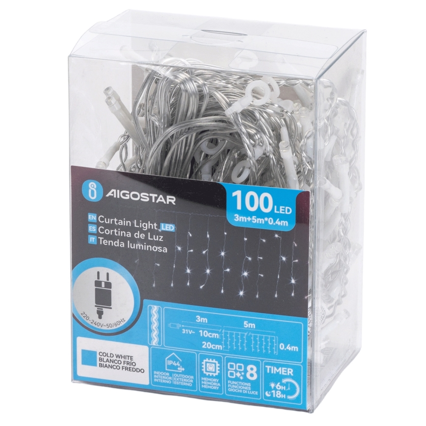 Aigostar - Instalație LED de exterior pentru Crăciun, 100 LED, 8 funcții, 5x0,4 m, IP44, alb rece