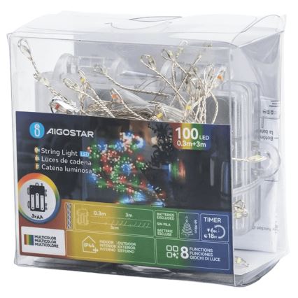 Aigostar - Instalație luminoasă de Crăciun LED pentru exterior, 100 LED-uri/8 funcții, 3xAA, 3,3 m, IP44, multicoloră