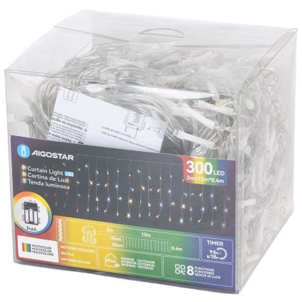 Aigostar - Instalație de Crăciun LED pentru exterior 300xLED/8 funcții 3xAA 18x0,4m IP44 multicolor