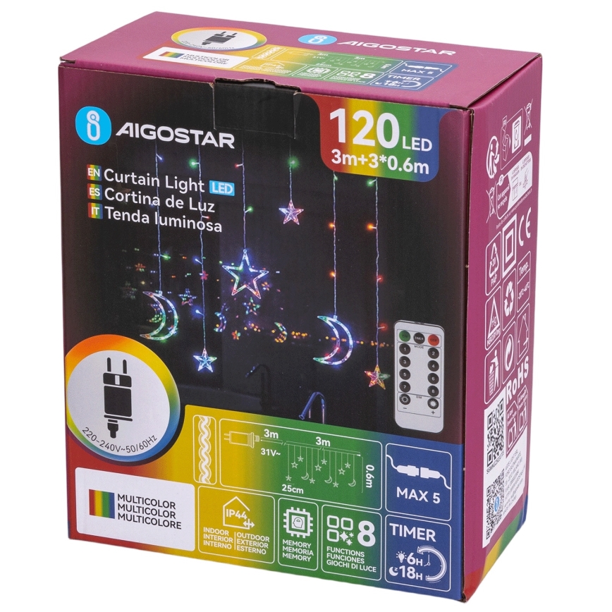 Aigostar - Ghirlandă LED RGBY de Crăciun pentru exterior, 120 LED/8 funcții, 3 x 0,6 m, IP44, multicoloră + telecomandă