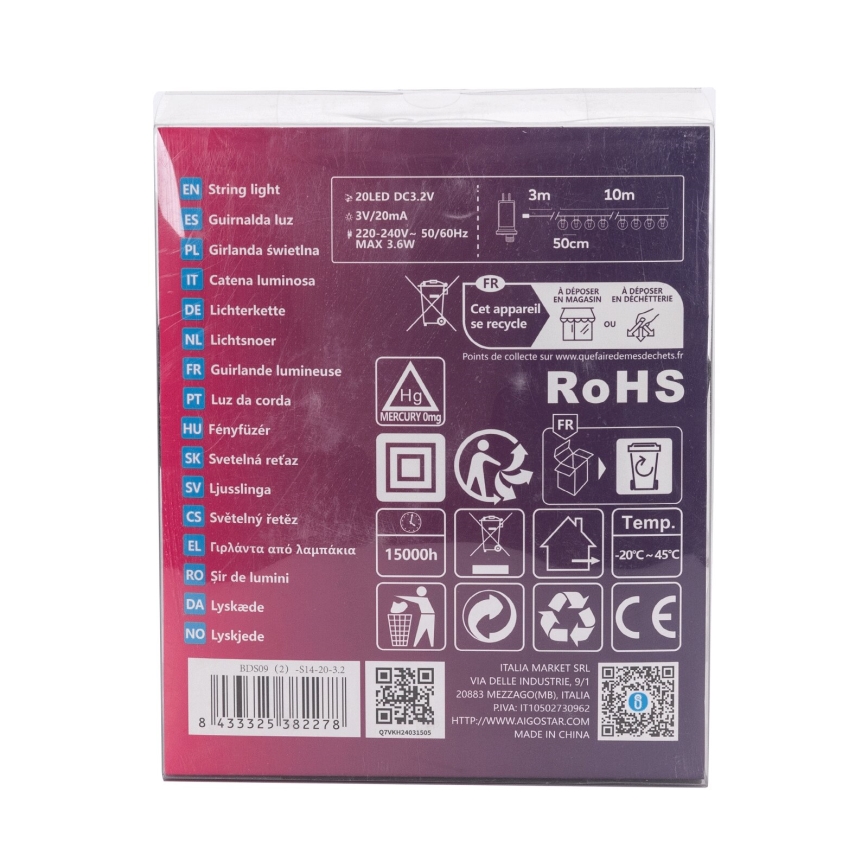 Aigostar - Instalație luminoasă decorativă LED pentru exterior, 20xLED/13m, IP44, alb rece