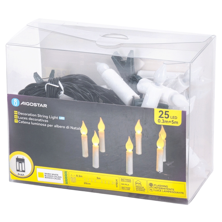 Aigostar - Ghirlandă de Crăciun LED, 25 LED, 3xAA, 5 m, alb cald