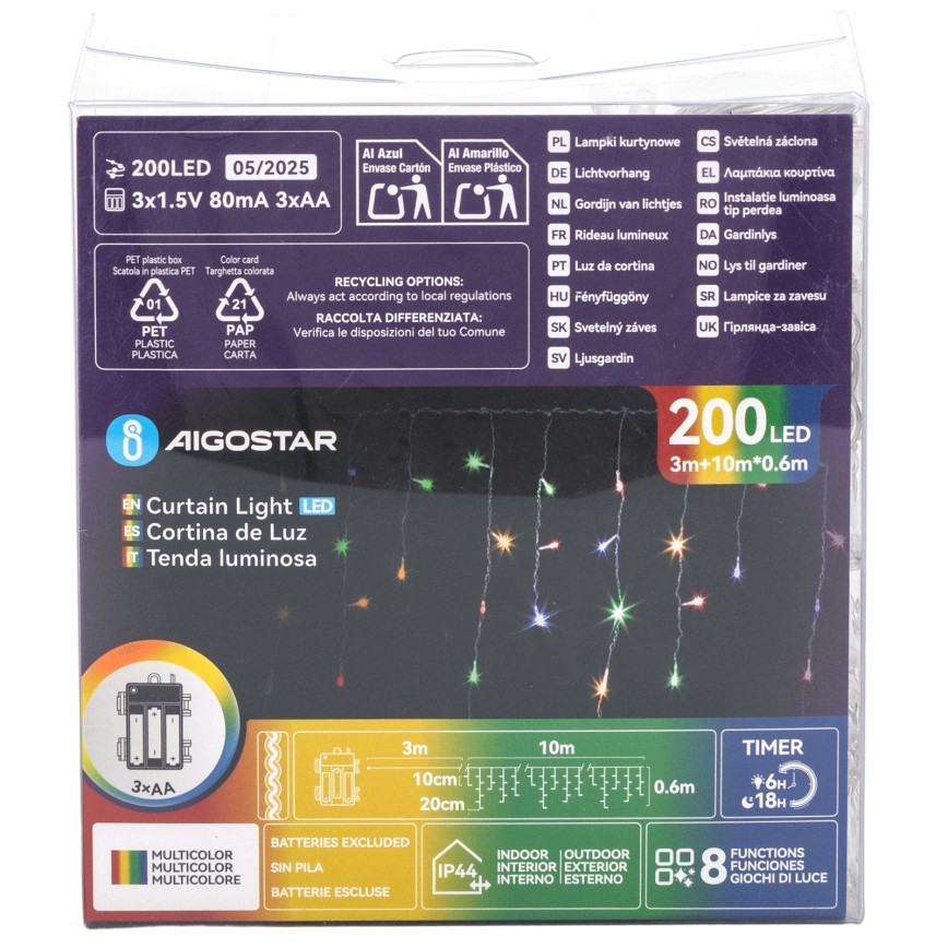Aigostar - Ghirlandă LED de Crăciun pentru exterior 200xLED/8 funcții 3xAA 13x0,6 m IP44 multicolor