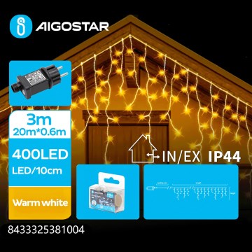 Aigostar - Instalație luminoasă LED de exterior pentru Crăciun, 400 LED-uri / 8 funcții, 23x0,6m, IP44, alb cald