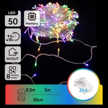 Aigostar - Instalație luminoasă LED de exterior pentru Crăciun 50xLED/8 funcții 3xAA 5,3m IP44 multicolor