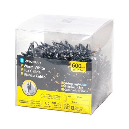 Aigostar - Instalație luminoasă LED de exterior pentru Crăciun, 600 LED, 8 funcții, 18 m, IP44, alb cald