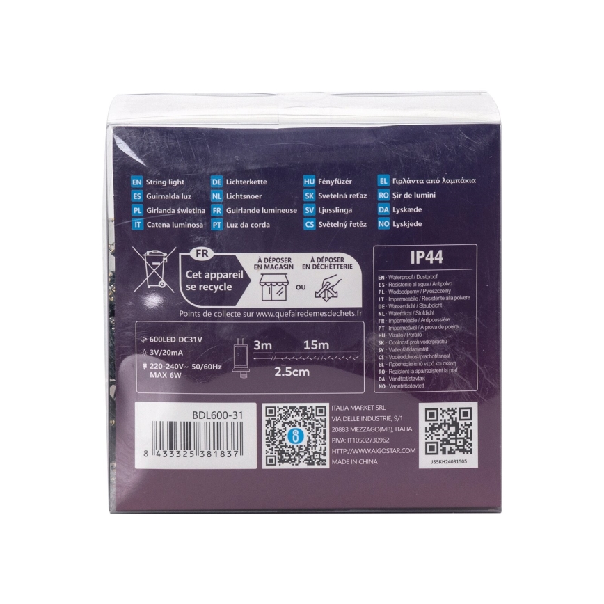 Aigostar - Instalație luminoasă LED de exterior pentru Crăciun, 600 LED, 8 funcții, 18 m, IP44, alb cald