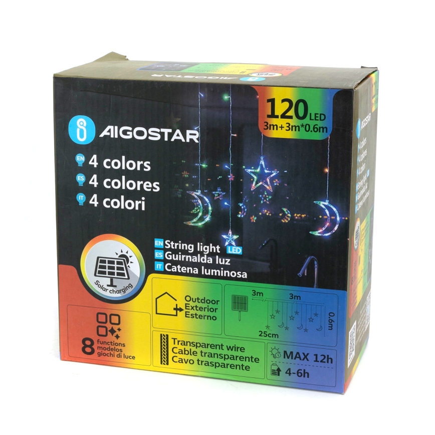 Aigostar - Ghirlandă solară cu LED, 120 LED, 8 funcții, 3 x 0,6 m, 500 mAh, IP65, multicoloră