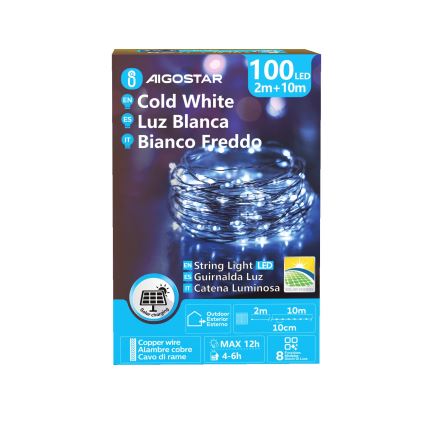 Aigostar - Instalație luminoasă solară de Crăciun cu 100 LED/8 funcții 12 m IP65 800 mAh alb rece