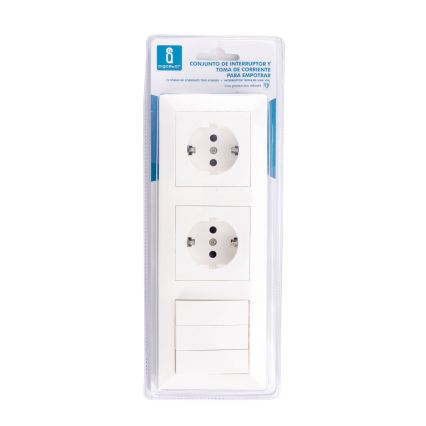 Aigostar - Întrerupător triplu nr. 3 și 2 prize SCHUKO 230 V cu ramă albă