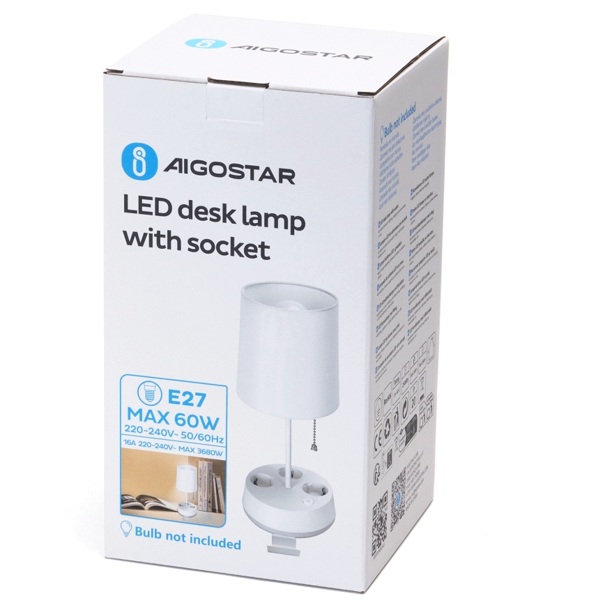 Aigostar - Lampă de birou cu prize 1xE27/60W/230V albă