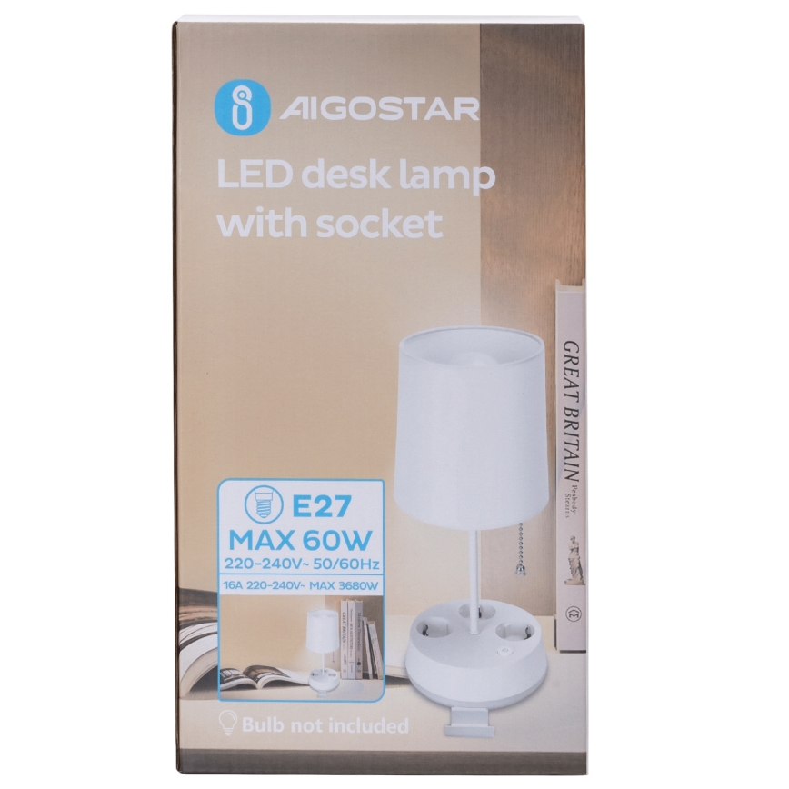 Aigostar - Lampă de birou cu prize 1xE27/60W/230V albă