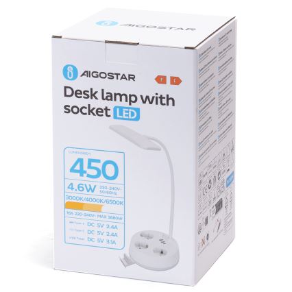 Aigostar - Lampă de birou LED dimabilă cu prize și USB LED/4,6W/230V 3000/4000/6500K albă