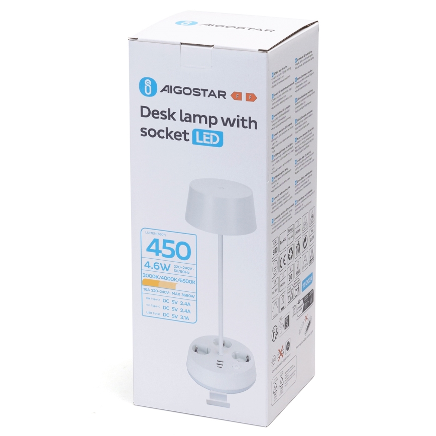 Aigostar - Lampă de birou LED cu reglaj al luminozității, prize și port USB, 4,6 W, 230 V, 3000/4000/6500 K, albă