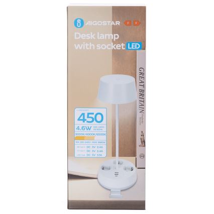 Aigostar - Lampă de birou LED cu reglaj al luminozității, prize și port USB, 4,6 W, 230 V, 3000/4000/6500 K, albă