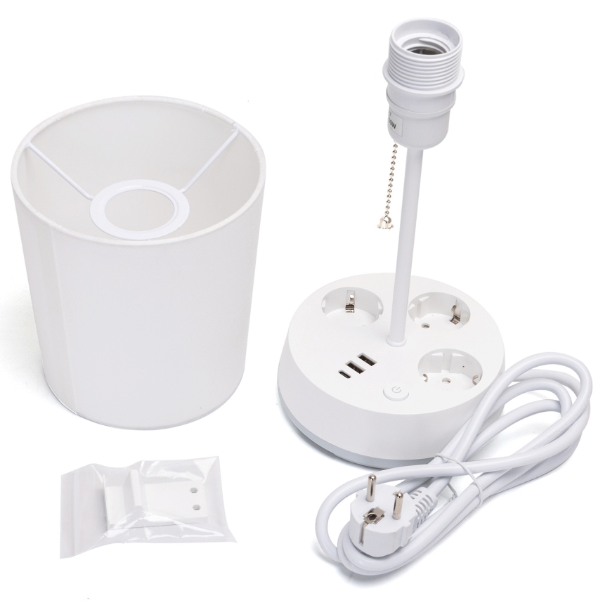 Aigostar - Lampă de masă cu prize și porturi USB 1xE27/60W/230V albă