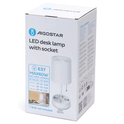 Aigostar - Lampă de masă cu prize și porturi USB 1xE27/60W/230V albă