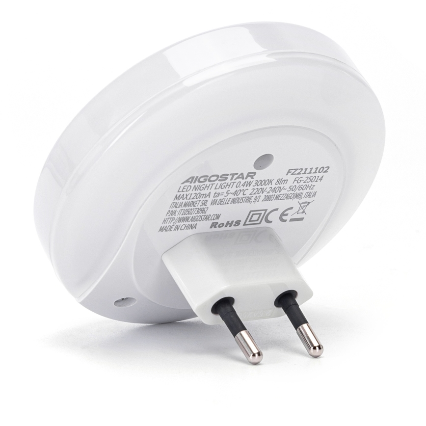 Aigostar - Lampă de veghe LED cu senzor de crepuscul pentru priză, cu port USB, 0,4 W, 230 V