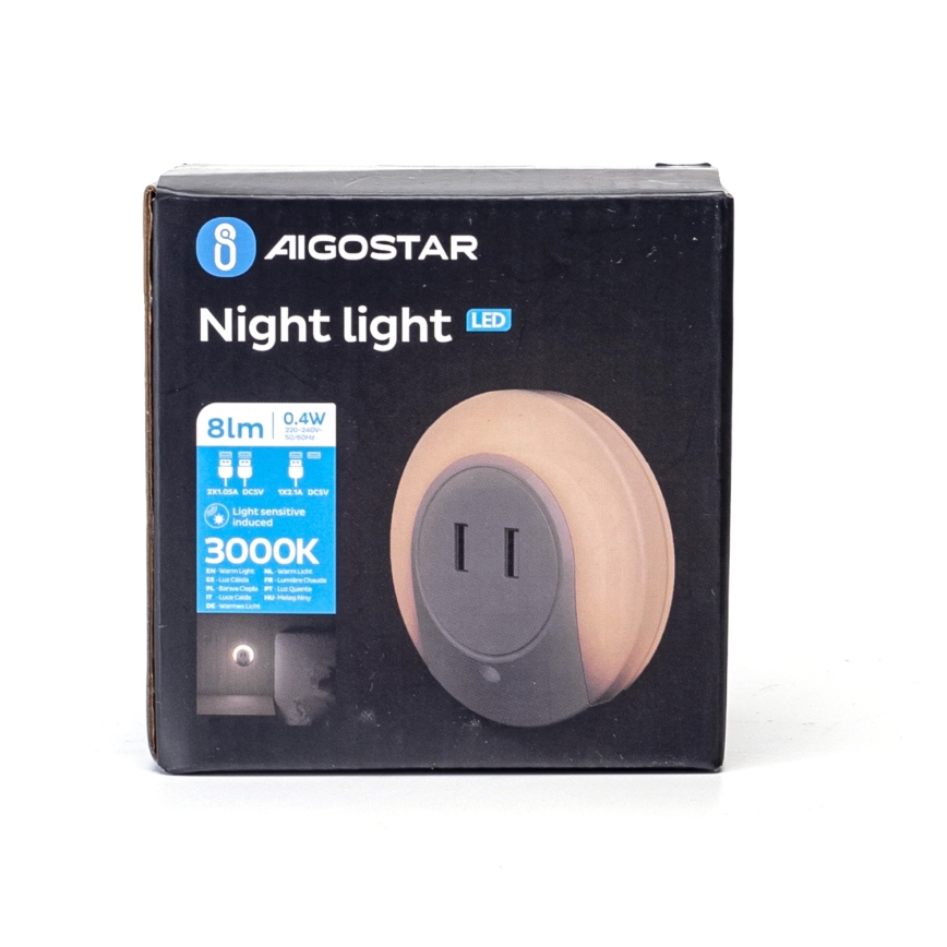 Aigostar - Lampă de veghe LED cu senzor de crepuscul pentru priză, cu port USB, 0,4 W, 230 V
