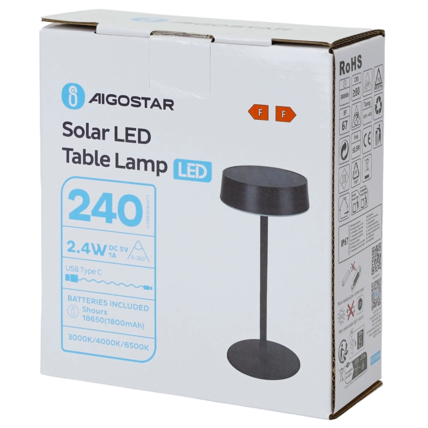 Aigostar - Lampă solară LED, 2,4 W, 5 V, IP44, 1800 mAh