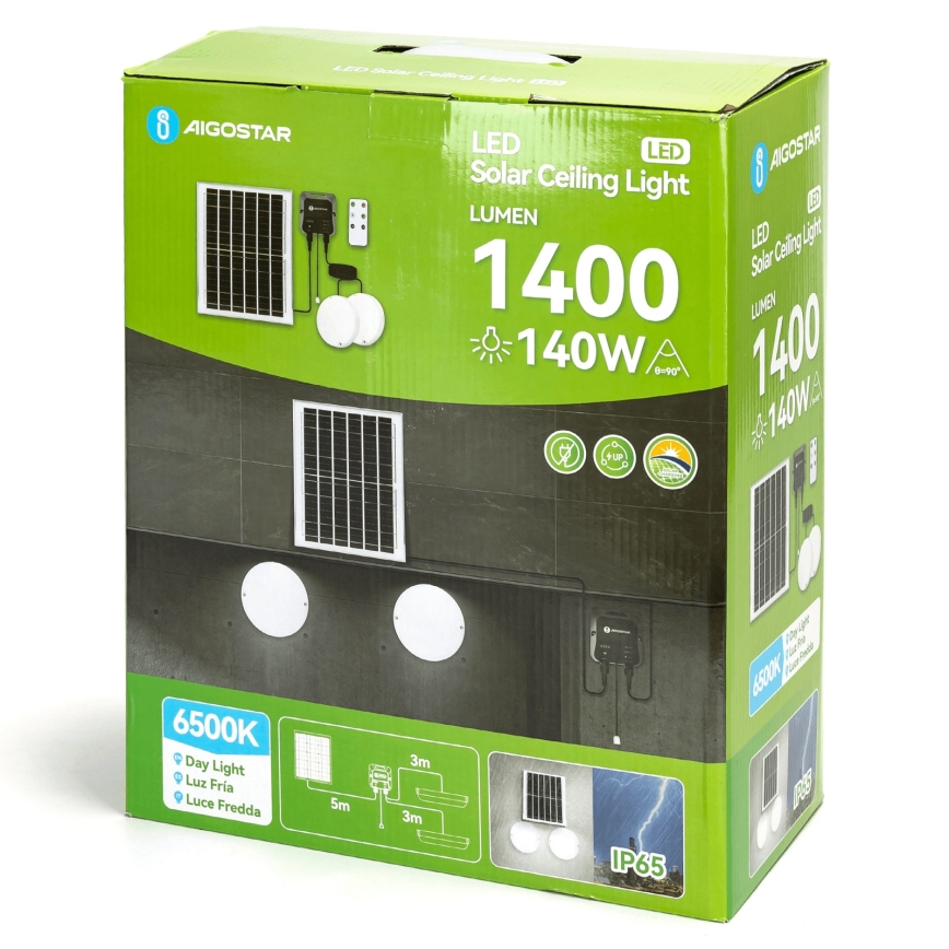 Aigostar - Lampă solară LED 2xLED/70W/12V 12000 mAh 6500K IP65 Ø 20,5 cm + telecomandă