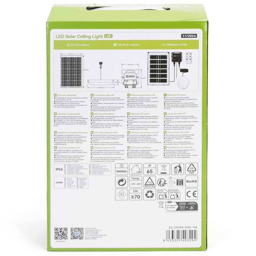 Aigostar - Lampă solară LED/35W/12V 3000 mAh 6500K IP65 Ø 16,8 cm + telecomandă