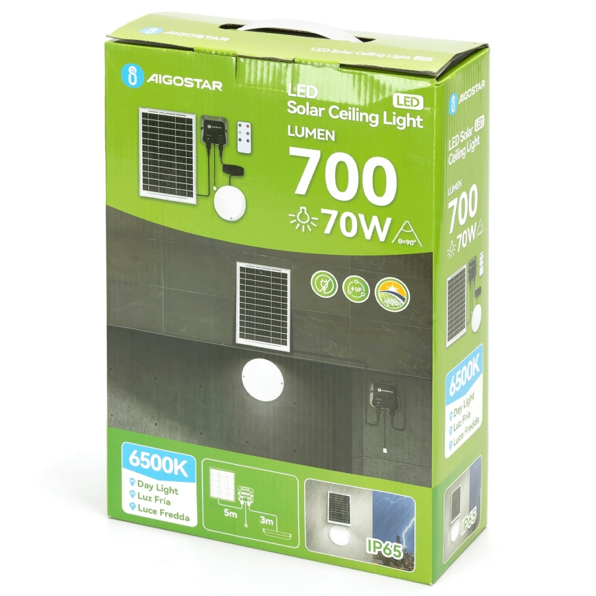 Aigostar - Lampă solară LED/70W/12V 6000 mAh 6500K IP65 Ø 20,5 cm cu telecomandă
