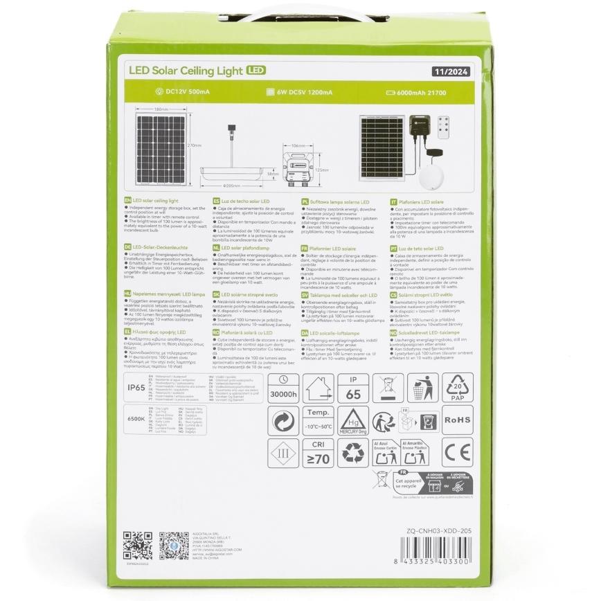 Aigostar - Lampă solară LED/70W/12V 6000 mAh 6500K IP65 Ø 20,5 cm cu telecomandă