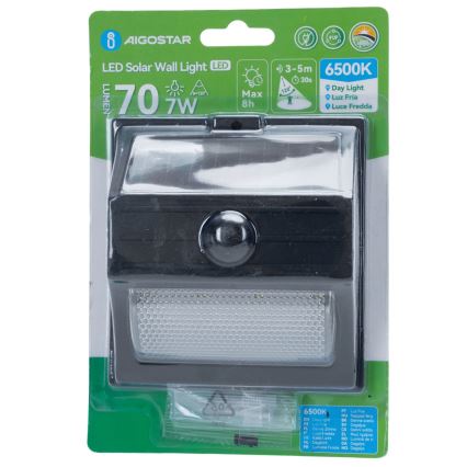 Aigostar - Lampă solară LED cu senzor, 3,7 V, 6500 K, 500 mAh, IP65, neagră