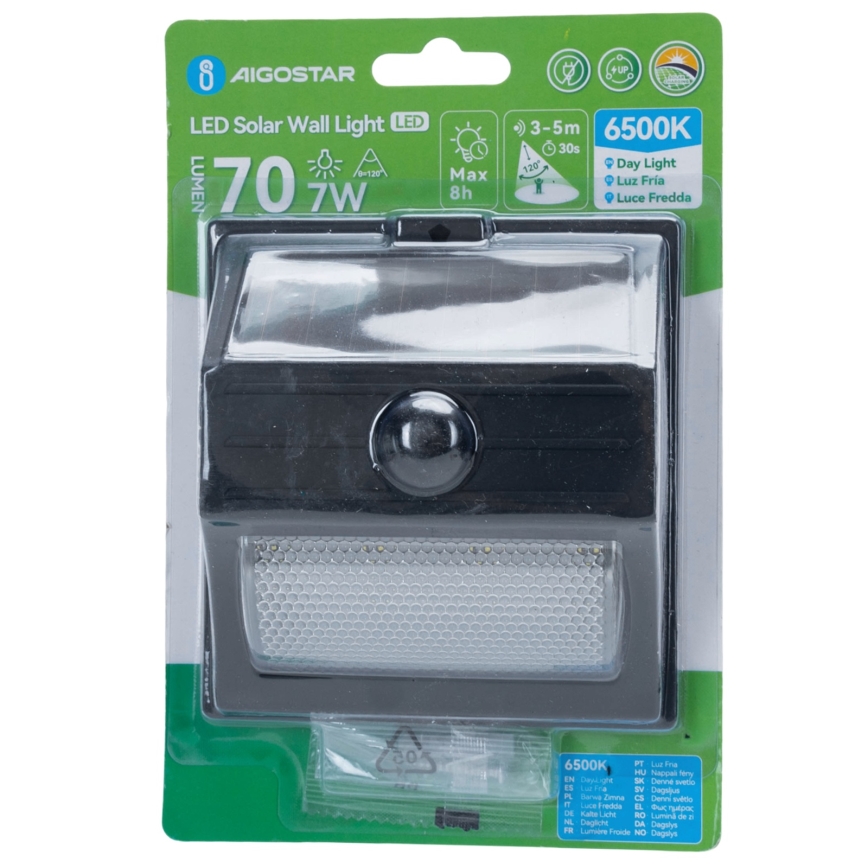 Aigostar - Lampă solară LED cu senzor, 3,7 V, 6500 K, 500 mAh, IP65, neagră