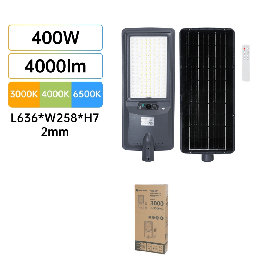 Aigostar - Lampă stradală solară LED cu senzor LED/400W/3,2V 4800mAh + telecomandă