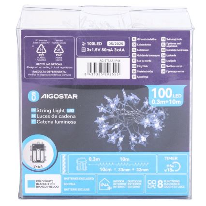 Aigostar - Ghirlandă LED pentru exterior, 100 LED, 8 funcții, alimentare 3xAA, 10 m, IP44, alb rece