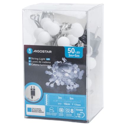 Aigostar - Ghirlandă decorativă LED pentru exterior 50xLED/8 funcții 5 m IP44 alb rece