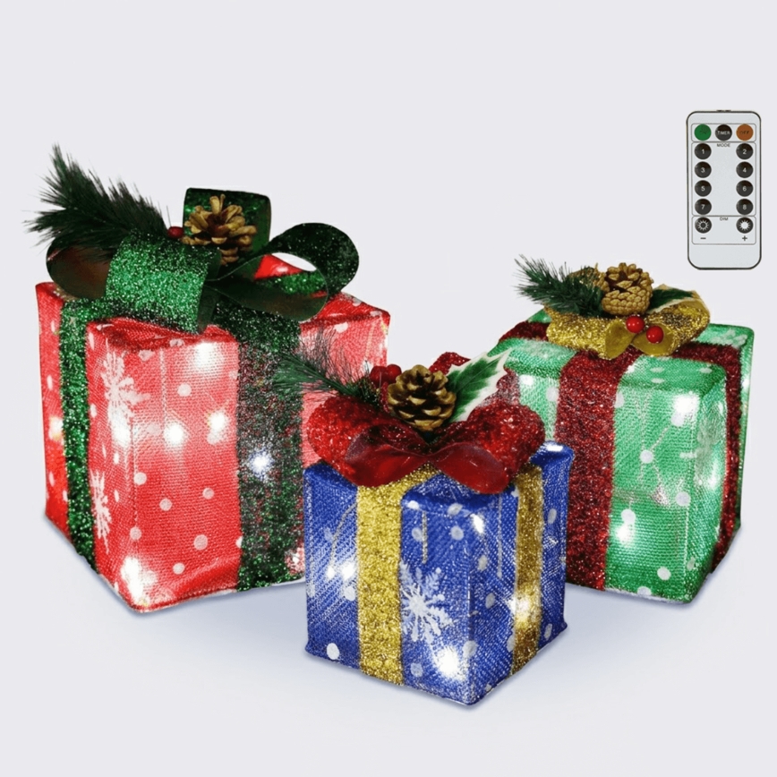 Aigostar - Decorațiune LED de exterior pentru Crăciun, cu luminozitate reglabilă, 50xLED/8 funcții, 3xAA, IP44, alb rece, cadouri + telecomandă