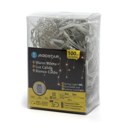 Aigostar - LED ghirlandă de Crăciun pentru exterior 100xLED/8 funcții 3xAA 8x0,6m IP44 alb cald