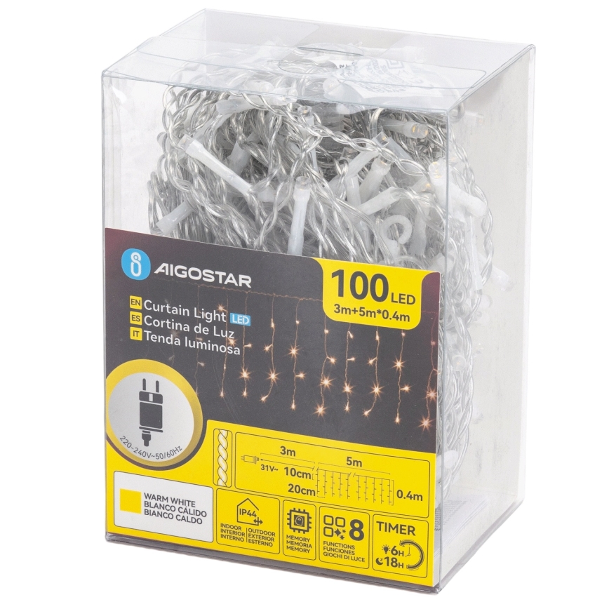 Aigostar - LED Ghirlandă de Crăciun pentru exterior 100xLED/8 funcții 5x0,4m IP44 alb cald