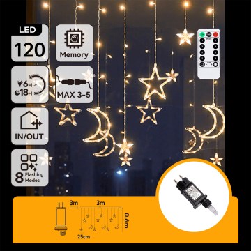 Aigostar - LED Ghirlandă de Crăciun pentru exterior 120xLED/6W/230V/8 funcții 3x0,6m IP44 alb cald + telecomandă